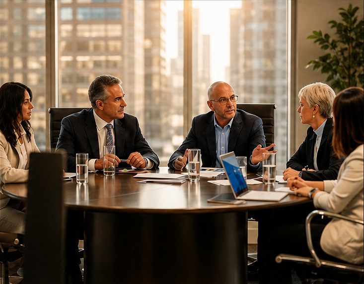 Professional specialists coordinating strategy in a boardroom